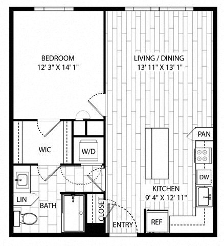 Floor plan for 1 bed, 1 bath, 799 sqft